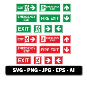May include: A collection of rectangular emergency exit signs in green and red, featuring white text and icons of a running person and directional arrows. The text includes EXIT, EMERGENCY EXIT, and FIRE EXIT. A black bar at the bottom displays SVG, PNG, JPG, EPS, AI.