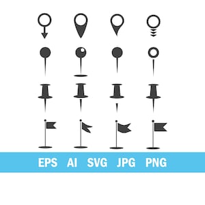 May include: A collection of gray vector icons on a white background. The icons include map markers, push pins, and flags. The bottom of the image has the text "EPS AI SVG JPG PNG" in white letters on a blue background.