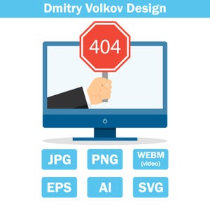 Hand som håller en röd stoppskylt med ett meddelande om felsidan 404 som kommer ut från datorskärmen. jpg/png/svg/eps/ai/webm