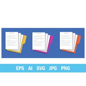 May include: Three file folders in yellow, purple, and orange, each containing a stack of white papers with gray lines. The folders are set against a blue background. Below the folders, the text reads: EPS AI SVG JPG PNG.