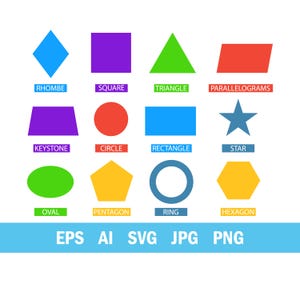May include: A colorful graphic featuring various geometric shapes, including a blue rhombus, purple square, green triangle, and red parallelogram. Each shape is labeled with its name in a corresponding color. The image also includes the text "EPS AI SVG JPG PNG".