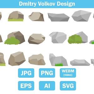 Large set of gray stones and rocks with green grass and bushes. jpg/png/svg/eps/ai/webm