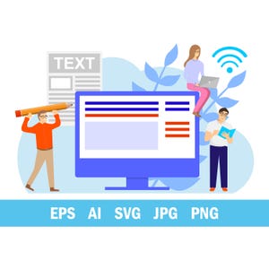 May include: Illustration of a blue computer monitor with a white screen, red and blue lines, and three people. One person holds a pencil, another uses a laptop, and a third reads a book. The word "TEXT" is above the monitor. The image also includes the words "EPS AI SVG JPG PNG".