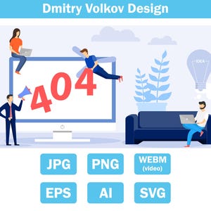 Små människor som fixar 404-felsidan på datorskärmen med megafon och laptopvektor. jpg/png/svg/eps/webm/ai