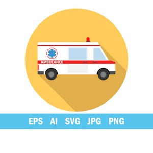 May include: A white ambulance with red stripes and a red light on top, set against a yellow circle. The ambulance has a blue star emblem and the word "AMBULANCE" in red. The image also includes the text "EPS AI SVG JPG PNG".