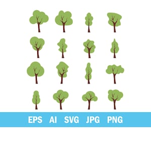 May include: Sixteen illustrations of trees in green and brown. The trees have green foliage and brown trunks, with different shapes and sizes. The image also includes the text "EPS AI SVG JPG PNG" in a blue banner at the bottom.