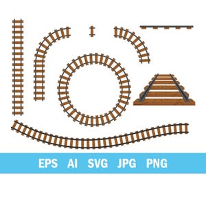 May include: A collection of brown and black toy train tracks in various shapes, including straight, curved, and circular designs. The tracks are made of wooden ties and metal rails. The image also includes the text "EPS AI SVG JPG PNG" in a blue banner.