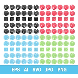 May include: A collection of dice in various colors, including black, red, blue, and green. The dice are arranged in rows and columns, with each die showing a different number of dots. The image also includes the text "EPS AI SVG JPG PNG".