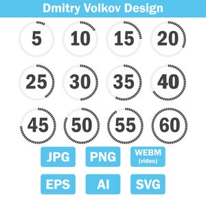 May include: A graphic design by Dmitry Volkov featuring a series of circular timers with numbers from 5 to 60, in increments of 5. Below are file type icons: JPG, PNG, WEBM, EPS, AI, and SVG, all on a light blue background.