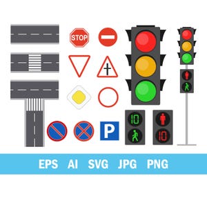 May include: A collection of road signs and traffic signals, including stop signs, yield signs, and no parking signs. The image also features pedestrian crossing signals, traffic lights, and road illustrations. The bottom of the image includes file type abbreviations.