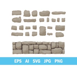 May include: A collection of vector illustrations of stone blocks and a stone wall. The blocks are various shapes and sizes, in shades of gray and brown. The bottom of the image has a stone wall design. The image also includes the text "EPS AI SVG JPG PNG".