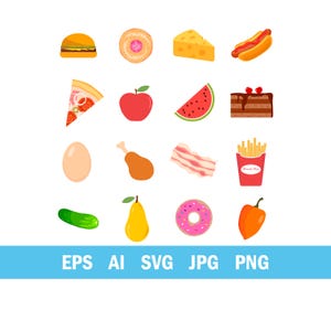 May include: A collection of colorful, cartoon-style food illustrations on a white background. Includes a hamburger, donut, cheese, hot dog, pizza slice, apple, watermelon, cake, egg, chicken leg, bacon, fries, cucumber, pear, donut, and pepper.