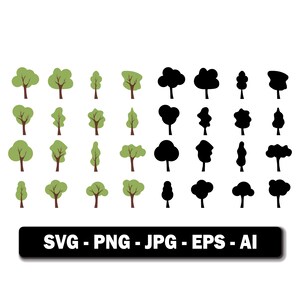 Iconos de árboles verdes SVG, paquete de vectores de árboles planos, imágenes prediseñadas de naturaleza ecológica, gráficos de planos de paisajes, descarga digital de formas de árboles, uso comercial.