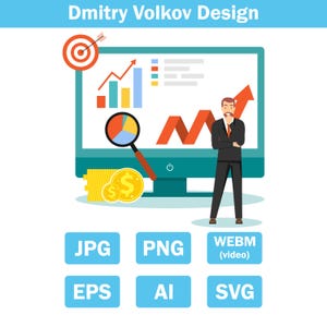 Puede incluir: Una ilustración con una pantalla de ordenador que muestra gráficos, un hombre de negocios, una lupa y monedas de oro. La imagen también incluye iconos de tipo de archivo como JPG, PNG y SVG, y el texto "Dmitry Volkov Design".