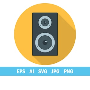 Op de afbeelding: Een platte ontwerp illustratie van een zwarte luidspreker met twee cirkelvormige luidsprekers op een gele achtergrond. De luidspreker heeft een lange schaduw. De onderkant van de afbeelding heeft de tekst "EPS AI SVG JPG PNG".