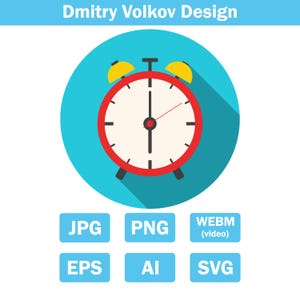 Red alarm clock flat icon with long shadow on blue circle background for time management concept. jpg/png/svg/eps/ai/webm