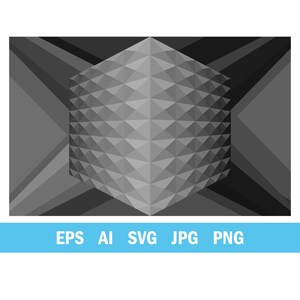 May include: Geometric grayscale illustration featuring a three-dimensional cube composed of numerous triangular facets. The cube is centrally positioned, surrounded by abstract shapes. The bottom of the image displays the text "EPS AI SVG JPG PNG" in white letters on a blue background.
