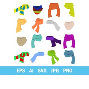 May include: A collection of colorful scarves in various designs. The scarves are in shades of blue, green, orange, yellow, purple, and red. The image also includes the text "EPS AI SVG JPG PNG" in a blue banner.