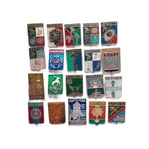 Op de afbeelding: Een verzameling van twintig rechthoekige metalen souvenirspeldjes met diverse kleurrijke emaille ontwerpen, heraldische symbolen en cyrillische tekst die verschillende steden vertegenwoordigen, gerangschikt in een raster op een witte achtergrond.