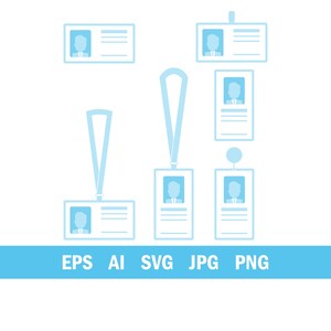Könnte beinhalten: Hellblaue Ausweise und Schlüsselbänder in flachem Design. Die Ausweise zeigen eine Silhouette einer Person und Linien für Informationen. Das Bild enthält auch den Text "EPS AI SVG JPG PNG" in einem blauen Banner.
