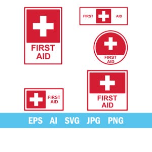 Puede incluir: Una colección de señales de primeros auxilios rojas y blancas en varias formas. Cada señal presenta una cruz blanca y las palabras "FIRST AID". Las señales son rectangulares, cuadradas y circulares, con iconos de tipo de archivo debajo.