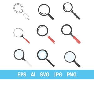 May include: A collection of nine magnifying glass illustrations in various styles. Some are outlined, others solid black, and some feature red or white handles. The image also includes the text "EPS AI SVG JPG PNG" in a blue bar.