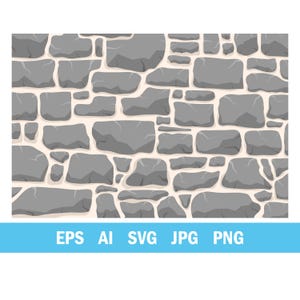 May include: A vector illustration of a stone wall. The wall is composed of irregularly shaped gray stones with off-white mortar in between. The image includes the text "EPS AI SVG JPG PNG" in a blue banner at the bottom.