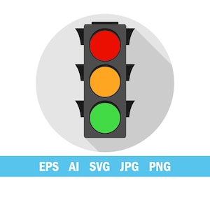 May include: A vector image of a traffic light, featuring red, amber, and green lights. The traffic light is black, set against a grey circular background. The image includes the text "EPS AI SVG JPG PNG" in a blue banner.
