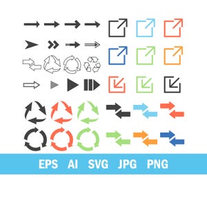 May include: A set of vector graphic icons showing arrows, recycling symbols, and external link symbols in different colours and styles. The image includes the text "EPS AI SVG JPG PNG" at the bottom.