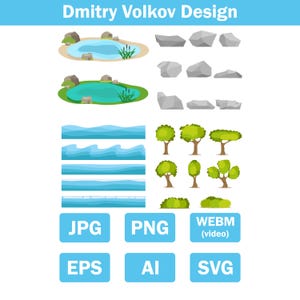 Nature game assets set: trees, stones, water and lakes. Landscape constructor for 2D platformer games in flat style. jpg/png/svg/eps/ai/webm