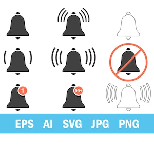 Puede incluir: Una colección de iconos de campana en varios estilos. Algunas campanas tienen indicadores de ondas de sonido, mientras que otras tienen insignias de notificación con números. El texto "EPS AI SVG JPG PNG" también está presente.