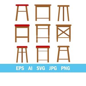 May include: Nine brown wooden stools in various designs. Some have red padded seats. The stools are shown in a grid pattern against a white background. The bottom of the image has the text "EPS AI SVG JPG PNG".