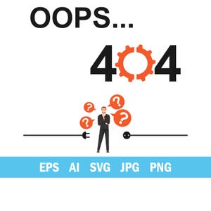 Peut inclure: Graphique vectoriel avec le texte "OOPS..." au-dessus d'un grand message d'erreur "404". Le "0" est remplacé par un engrenage orange. Un homme avec des points d'interrogation au-dessus de sa tête se tient entre une prise et une douille. Icônes de type de fichier en bas.