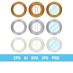 Op de afbeelding: Negen patrijspoortontwerpen in goud, zilver en wit, elk met een cirkelvormig frame en kleine boutdetails. Sommige hebben helder glas, sommige hebben spijlen en sommige zijn open. Onderaan staat tekst: EPS AI SVG JPG PNG.