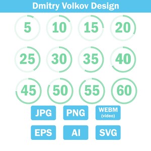 Set of minimalist green circular timer icons showing time intervals from five to sixty minutes. jpg/png/svg/eps/ai/webm