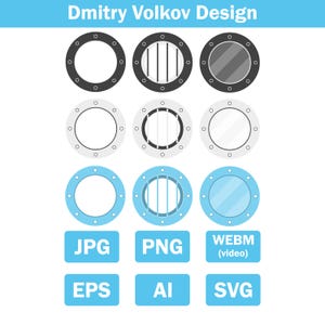 Set of metal nautical ship portholes with glass and metal bars in flat design style vector. jpg/png/svg/eps/ai/webm