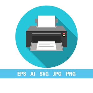 May include: A flat design illustration of a black printer with white paper in the input and output trays. The printer is set against a teal blue circle with a long shadow. The image includes the text "EPS AI SVG JPG PNG".