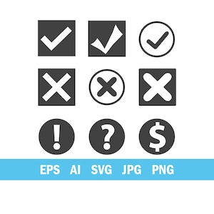 Puede incluir: Un conjunto de iconos en blanco y negro que incluyen marcas de verificación, cruces, signos de exclamación, signos de interrogación y un signo de dólar. Los iconos están en cuadrados y círculos. El texto "EPS AI SVG JPG PNG" está en la parte inferior.