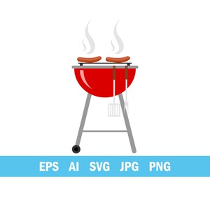 BBQ grill with sausages vector illustration. Red charcoal kettle grill with grilled sausages and tools. eps/ai/svg/jpg/png