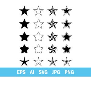 Puede incluir: Una colección de iconos de estrellas en varios estilos. La imagen presenta estrellas negras sólidas, estrellas delineadas y estrellas con patrones de relleno en blanco y negro. El texto "EPS AI SVG JPG PNG" se muestra en un banner azul en la parte inferior.