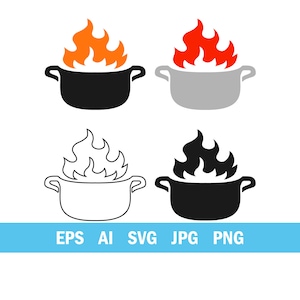 Olla de cocina en llamas SVG, imágenes prediseñadas de logotipo de chef, fuego de cocina PNG, paquete de archivos SVG de cocina, vector de comida picante, archivos de corte de sopa caliente para Cricut