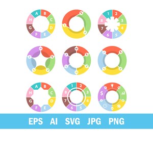 May include: Nine colorful circular diagrams with segmented sections, each with a unique design. Some diagrams feature letters, numbers, or icons within the segments. The bottom of the image displays the text "EPS AI SVG JPG PNG" in a blue banner.