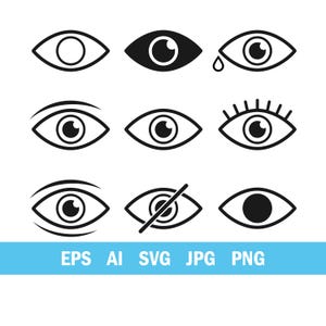 Puede incluir: Una colección de nueve iconos de ojos en blanco y negro dispuestos en una cuadrícula, con varios estilos que incluyen ojos delineados, sólidos, llorosos y tachados. Debajo de los iconos, el texto EPS, AI, SVG, JPG y PNG aparece en blanco.