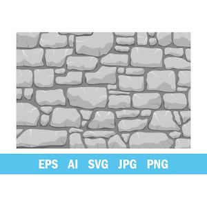 Könnte beinhalten: Nahtlose Vektorillustration einer Steinmauer. Die Mauer besteht aus unregelmäßig geformten, hellgrauen Steinen mit dunklerem grauem Mörtel. Der Text "EPS AI SVG JPG PNG" ist in einem blauen Banner unten enthalten.
