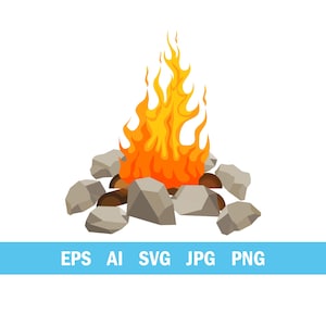 May include: A vector illustration of a campfire with orange and yellow flames. The fire is surrounded by gray rocks and brown logs. The image includes the text "EPS AI SVG JPG PNG" in a blue banner.