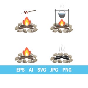 May include: Four illustrations of campfires. One shows a campfire with a stick with food on it. Another shows a campfire with a pot hanging above it. The third shows a campfire. The fourth shows a campfire with smoke. The bottom of the image has the text "EPS AI SVG JPG PNG".