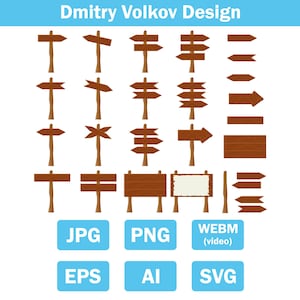 Könnte beinhalten: Vektorillustrationen von Holzwegweisern in verschiedenen Designs. Die braunen Schilder haben weiße Textbereiche und sind vor einem hellblauen Hintergrund platziert. Dateityp-Symbole sind ebenfalls enthalten.
