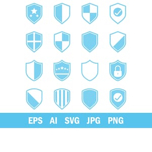 Puede incluir: Una colección de dieciséis iconos de escudo azul claro en varios diseños, incluyendo estrellas, marcas de verificación y patrones de cruz, sobre un fondo blanco. La parte inferior de la imagen muestra el texto "EPS AI SVG JPG PNG".