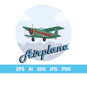 Op de afbeelding: Een groene dubbeldekker met een rode streep vliegt boven wolken in een cirkelvormig kader. Het woord Airplane staat in blauw schrift onder het vliegtuig. De tekst EPS AI SVG JPG PNG staat in het wit op een blauwe balk onderaan.