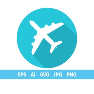 May include: A white airplane silhouette with a long shadow is centered within a bright teal circle. The image includes the text "EPS AI SVG JPG PNG" in white letters on a blue banner below the circle. The design is simple and graphic.